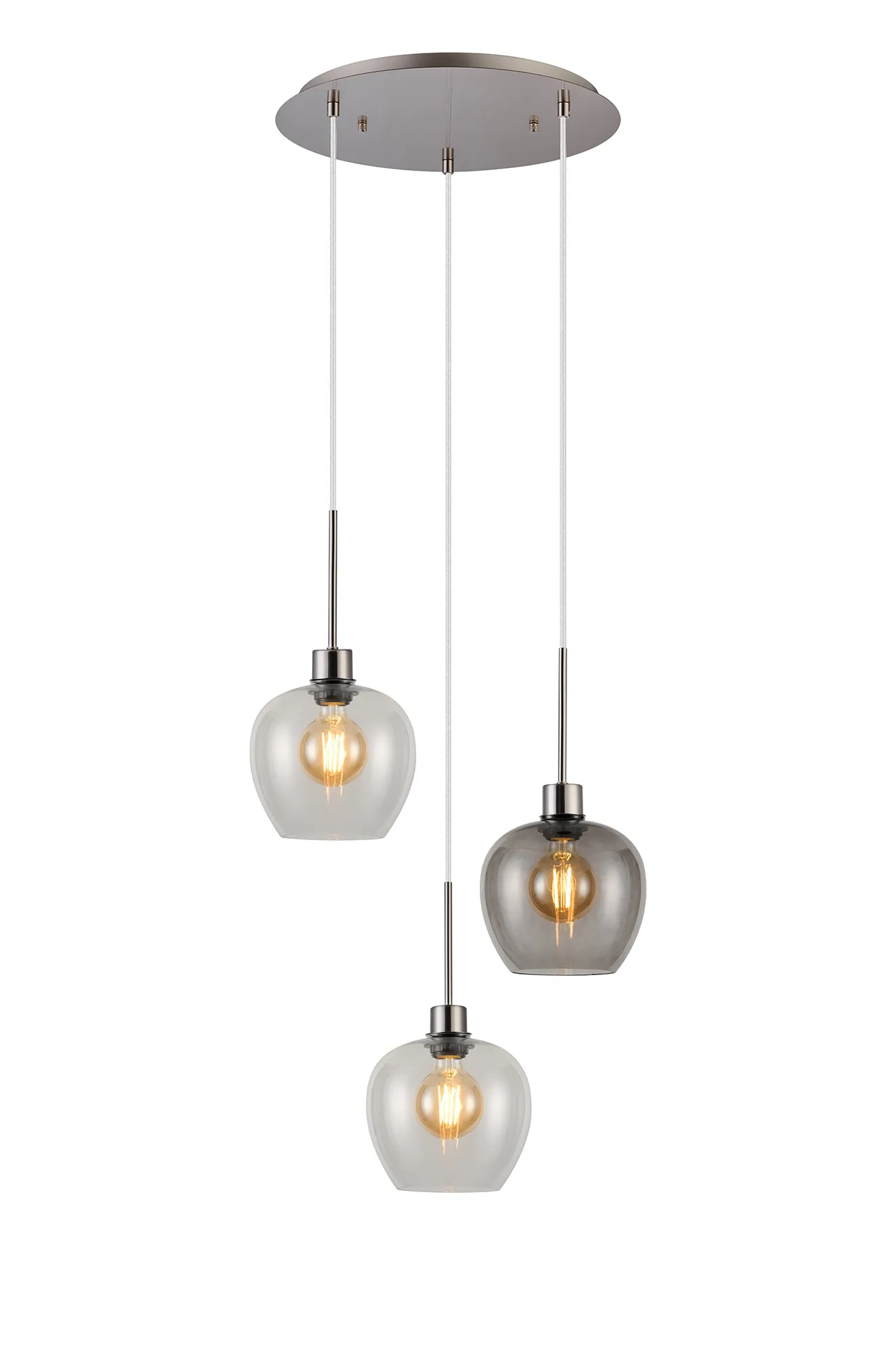 Lori 40cm Round Pendant, 3 Light Adjustable E27, Satin Nickel/Clear/Smoke Wine Shades DK1372  Deco Lori Satin Nickel